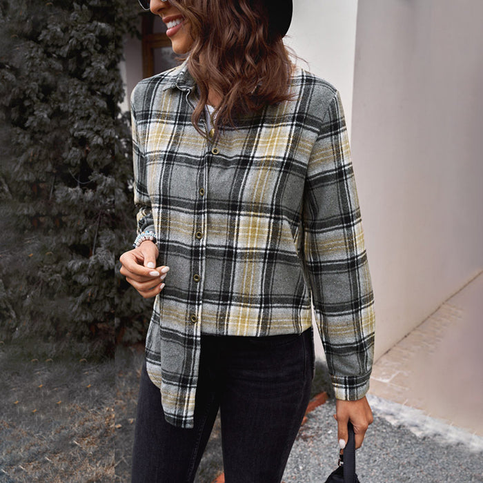 Fall Mid Length Plaid Shirt For Women Collared Loose Long Sleeve Top