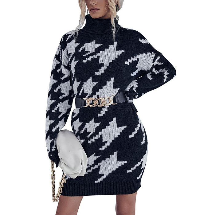 Autumn Winter Women Clothing High Collar Loose Long Sleeve Houndstooth Woolen  No Belted