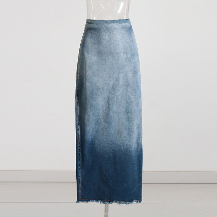 Summer Gradient Color Washed Frayed Hem Split Sexy Slimming Sheath Denim Skirt