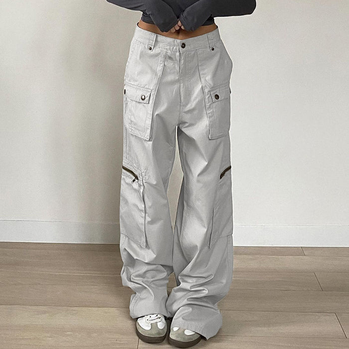 Street Shooting Handsome Multi Pocket Cargo Pants Women Neutral Loose Drooping Wide Leg Pants Mop Denim Trousers