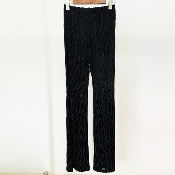 Goods Zebra Stripes See through Carved Velvet Jumpsuit Bell-Bottom Pants Suit Two Piece Set