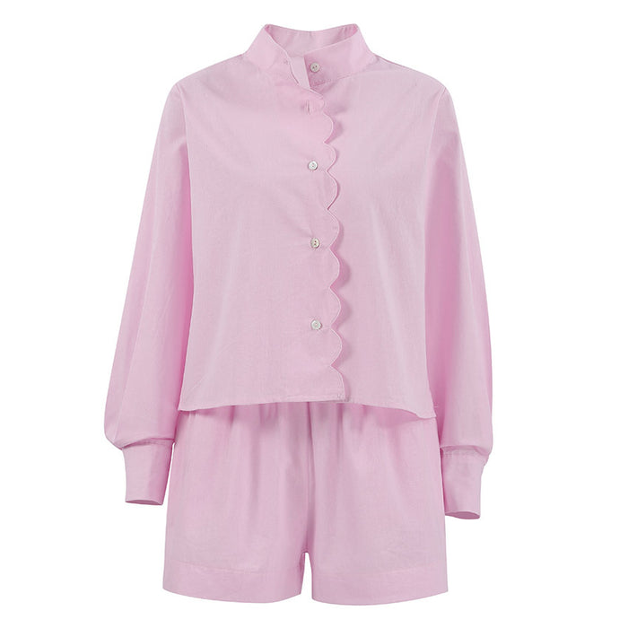 Cotton Linen Pink Stand-up Collar Long-Sleeved Shorts Suit Summer Women  Clothing Two Piece Suit