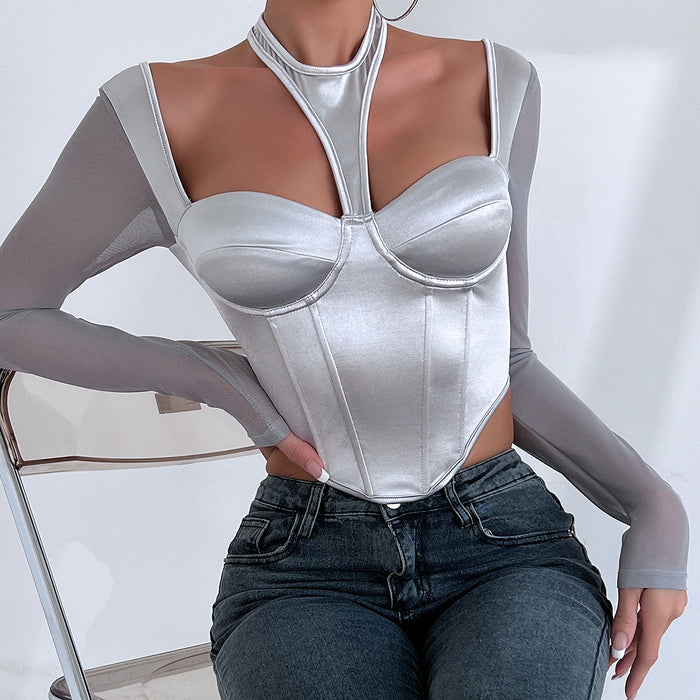 Street Sexy Low Cut Sexy See through Mesh Patchwork Halter Outerwear Long Sleeved Tops Women