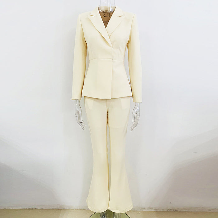 Goods Star Simple Cream Color Hidden Hook Waist Tight Suit Bell Bottom Pants Suit Two Piece Suit