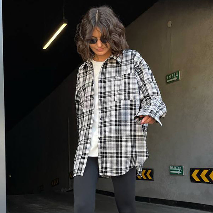 Autumn Winter Casual Neutral Boyfriend Plaid Shirt Women Pocket Lapels Long Sleeve Jacket Thin