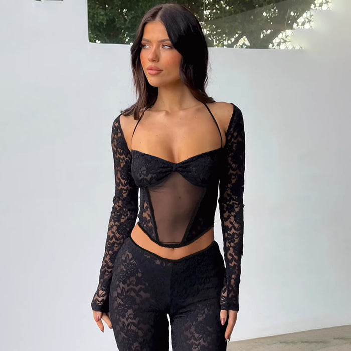 Halter Lace Long Sleeve Mesh Waist Top High Waist Sexy See through Straight Leg Trousers Sexy Set