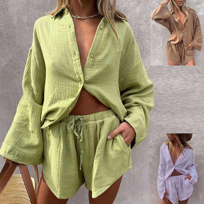 Women Clothing Loose Long Sleeve Shirt Casual Shorts Two-Piece Suit