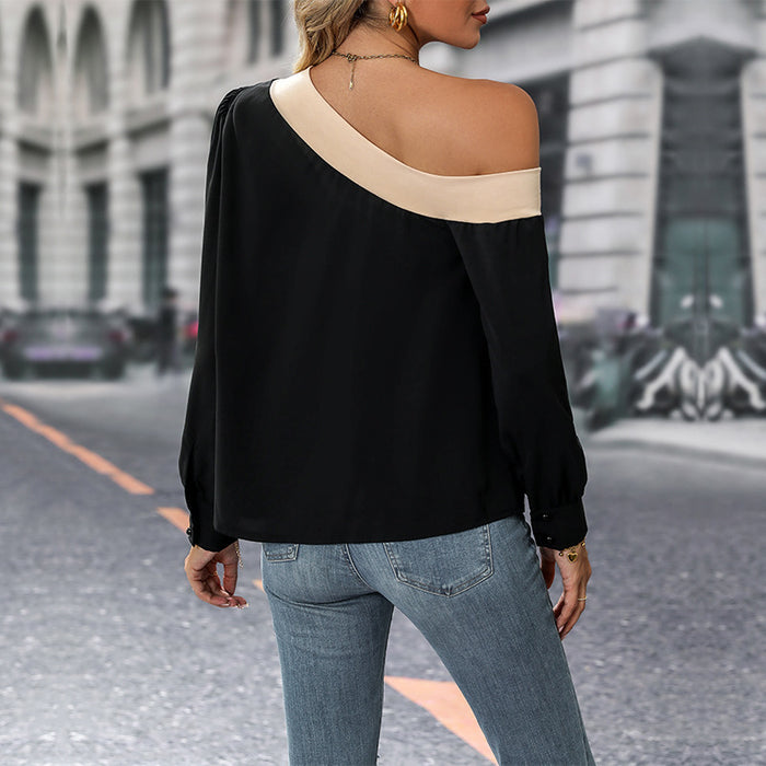 Autumn Women Clothing Color Matching Diagonal Shoulder Shirt Women