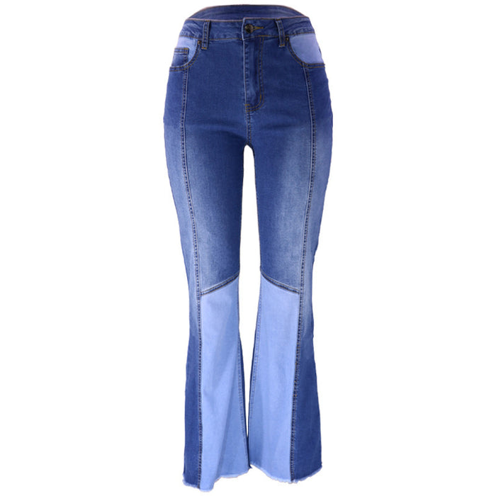 Frayed Flared Pants Women Color Matching Office High Waist Trousers Washed Stretch Jeans