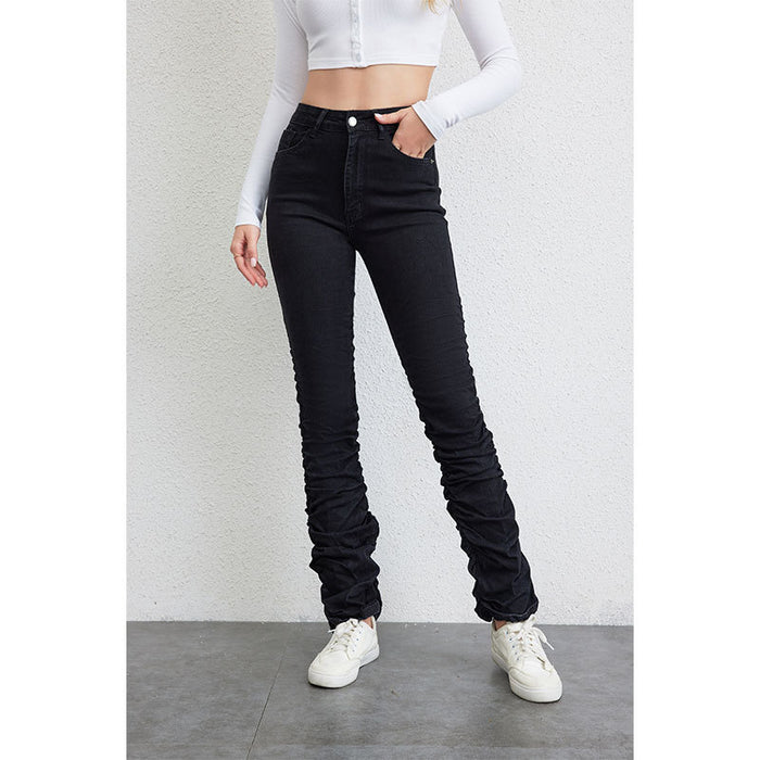 High Waist Tight Denim Slimming Women Jeans Street Denim Pleated Retro