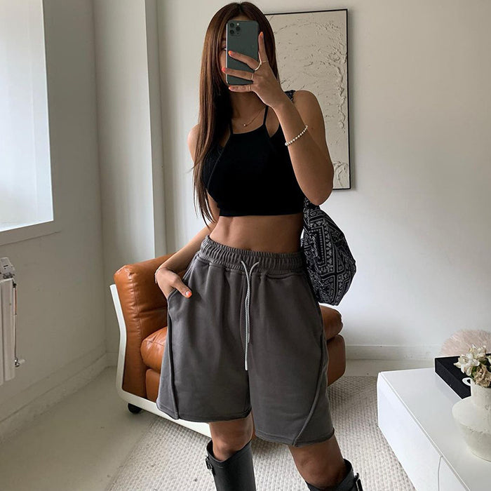 Street Drawstring Elastic Waist Straight Split Design Casual Pants Sexy Outdoor All Matching Slimming Sweatshirt Shorts