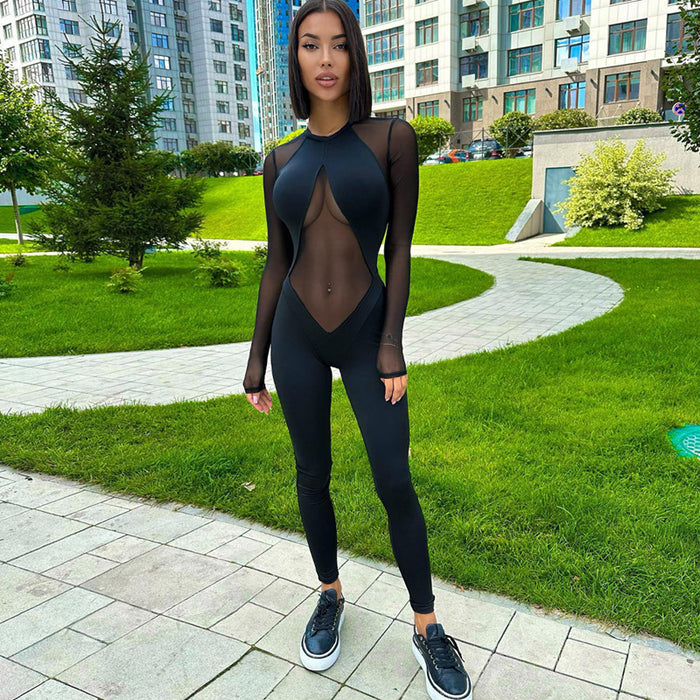 Mesh Patchwork Slim Fit Bodysuit Fall Women Clothing Long Sleeve Zipper Trousers