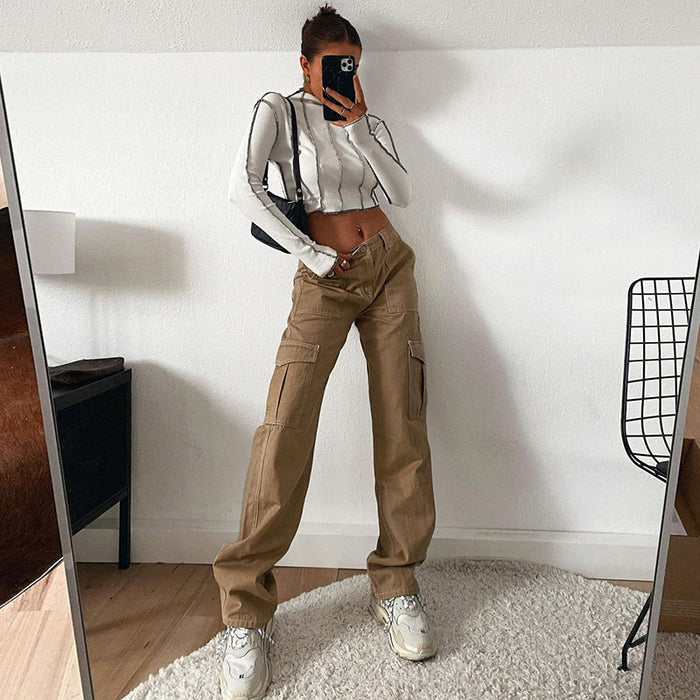 Spring Loose High Waist Casual Pocket Straight Cargo Denim Trousers for Women