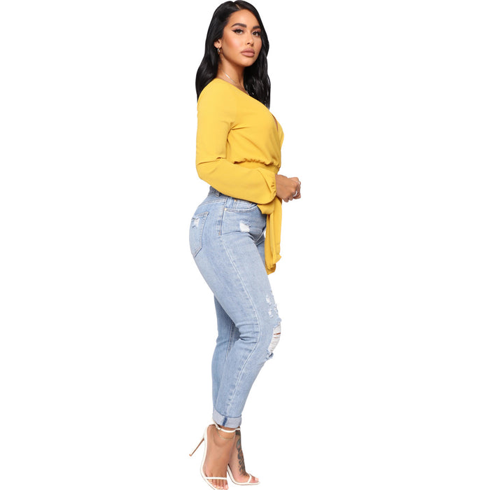 Women All Match High Waist Wash Ripped Skinny Stretch Jeans