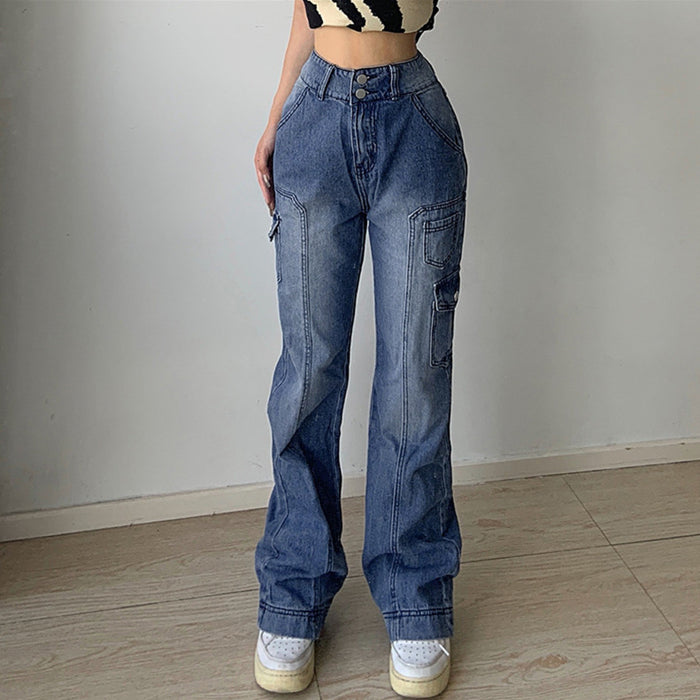 High Waist Slim Fit Two Button Tooling Multi Pocket Denim Trousers Women