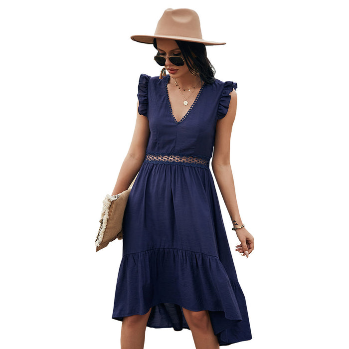 Click Conversion High Women Dress Spring Summer Solid Color Hollow Out Cutout out Stitching