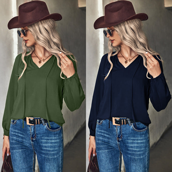 Autumn Winter Solid Color V neck Long Sleeve Top