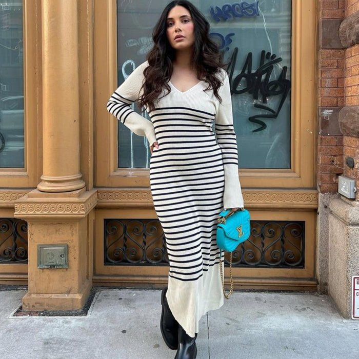 Knitted Dress V Neck Casual Dehaired Angora Covering Yarn Waist Tight Sunken Stripe Slimming Stripes Knitted Dress Women