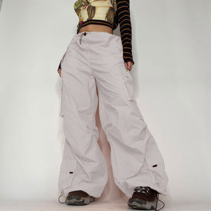 Street Sports Casual Pocket Patchwork Cargo Pants Low Waist Drawstring Ankle Tied Loose Wide Leg Pants