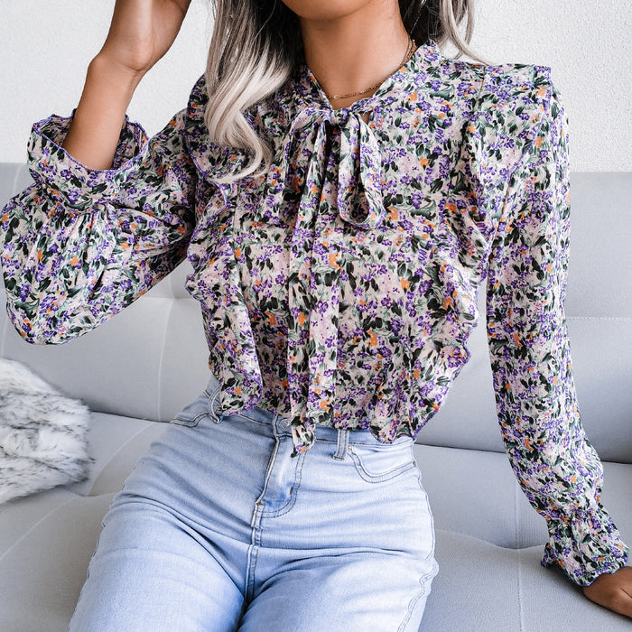 Autumn Winter Casual Lace up Ruffled Floral Chiffon Estampado Floral Shirt Top Women Clothing Plus Size