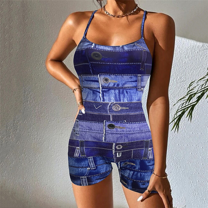 Summer Women Digital Printing Sexy Backless Spaghetti Straps Short Sports Jumpsuit