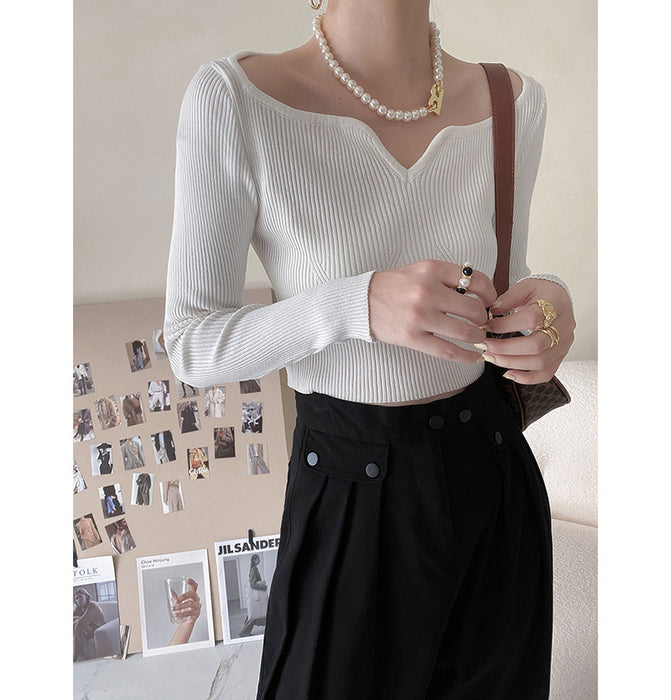 Petal Collar Short Sweater for Women Autumn Slim Fit Collarbone Bottoming Shirt