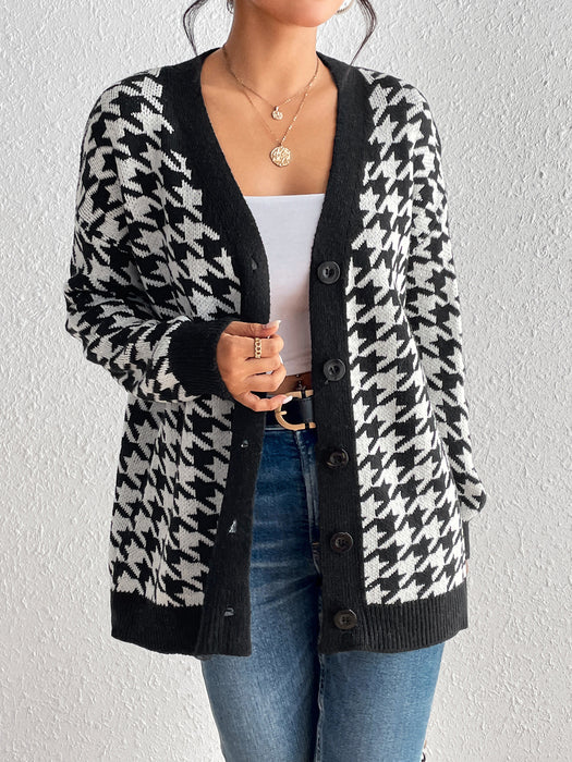 Autumn Winter Contrast Color Houndstooth Cardigan Coat Knitted Sweater