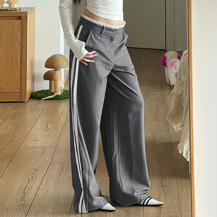 Street Women Clothing Straight Slim Fit Draping Mopping Pants High Waist Lace Ribbon Stitching Casual Wide Leg Trousers