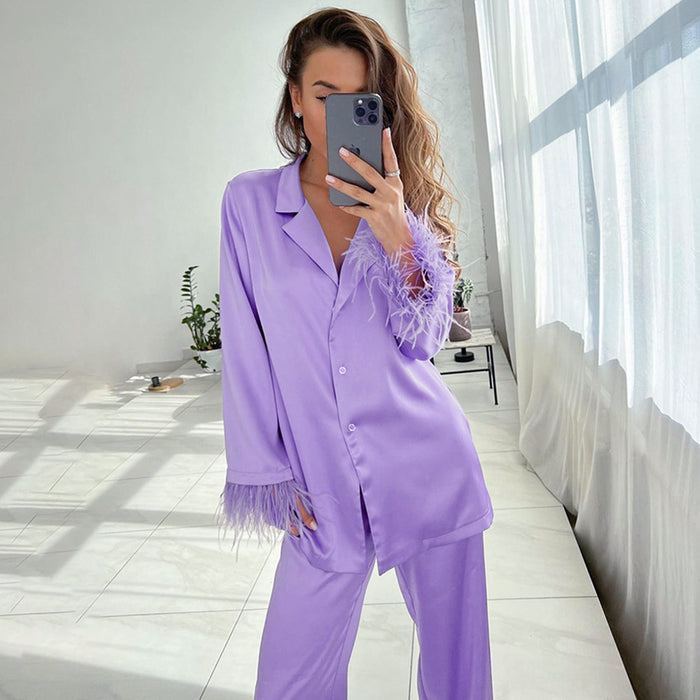 Autumn Feather Pajamas Long Sleeve Trousers Suit Loose Artificial Silk Outerwear Ladie  Homewear