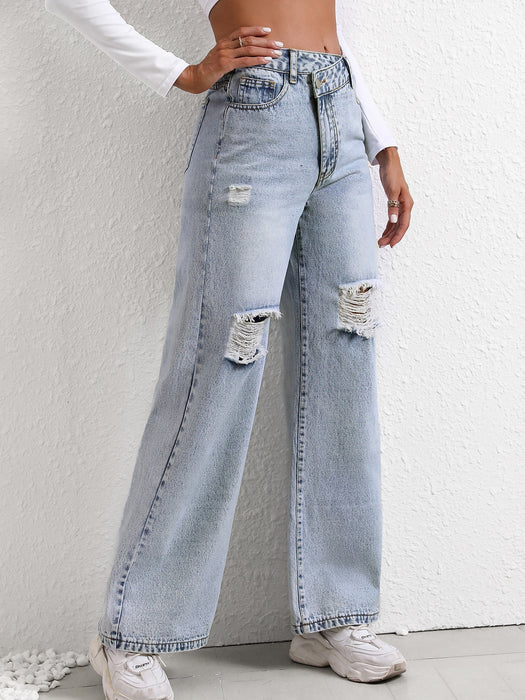 Women Loose Wide Leg Ripped Jeans