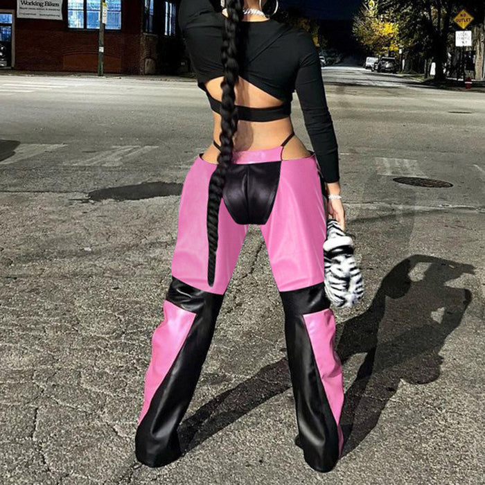 Street Cool Locomotive Faux Leather Contrast Color Zipper Straight Leg Pants Hollow Out Cutout out Faux Two Piece Trousers