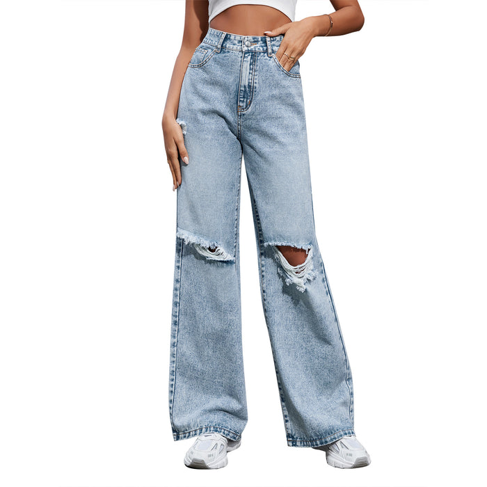 Casual Women Clothing Holes High Waist Wide Leg Pants Casual Denim Trousers Tide