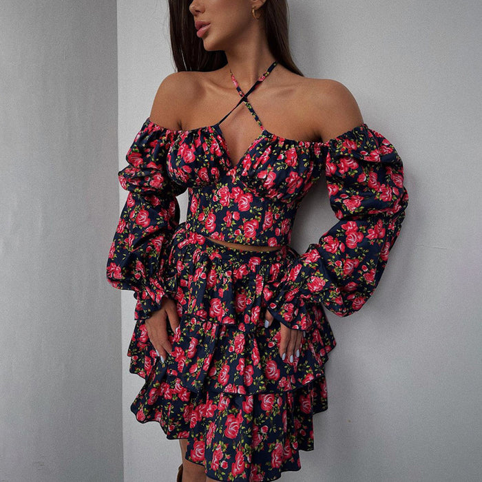 Sexy Floral Suit Long Sleeve Backless Halter Sling Top Puff Short Skirt Two Piece Set