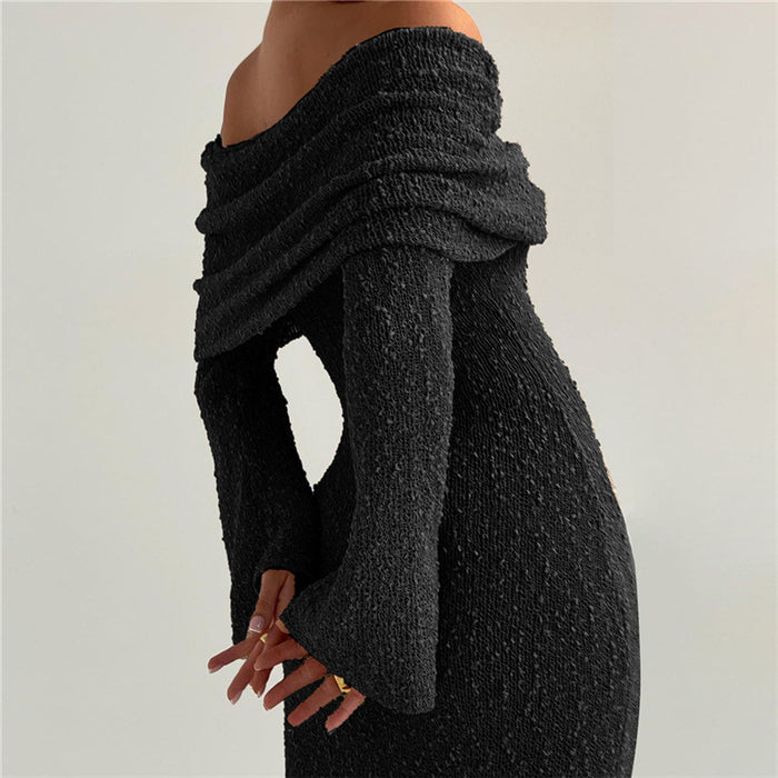 Fall Women Clothing Sexy See through Backless off Shoulder High Waist Slim Knit Dress