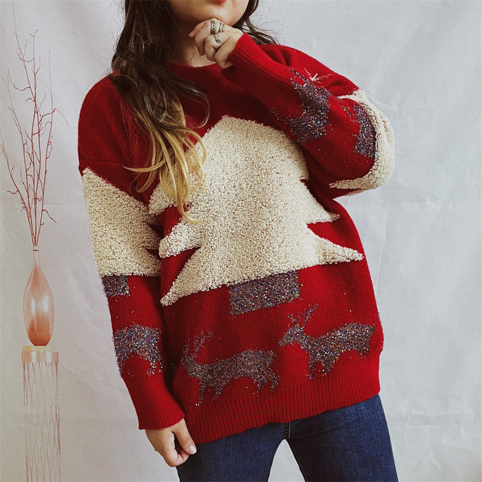 Christmas Tree Jacquard Gold Thread Knitted Round Neck Long Sleeve Loose Pullover Thickened Christmas Sweater for Women