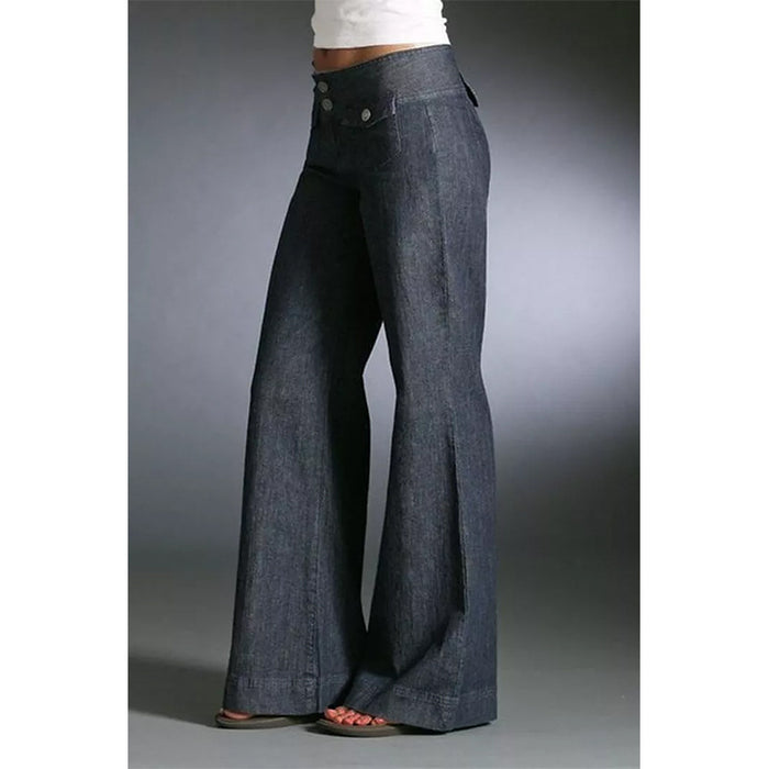 Front Pocket Button High Wide Leg Denim Trousers