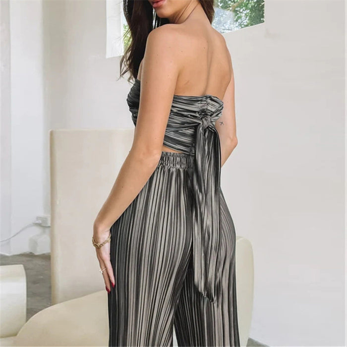 Spring Summer Pleated Sexy Suit Women  Cropped Sleeveless Adjustable Vest Casual Pants Two Piece Set for Women