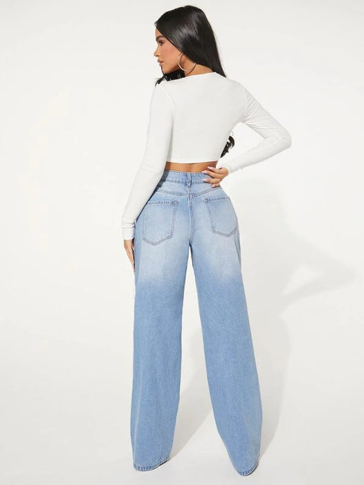 Jeans Women Ripped Washed High Waist Wide Leg Trousers Loose Jeans Pocket