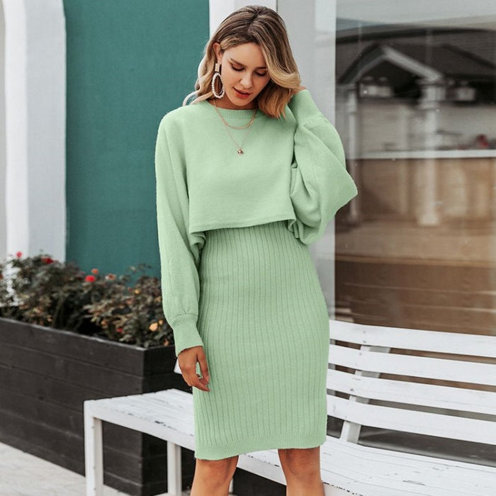 Knitted Two-Piece Classic High Waist Pullover Knitwear Half-Length Office Solid Color Dress