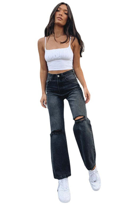 Ripped Jeans Women Ripped High Waist Trousers Loose Straight Jeans