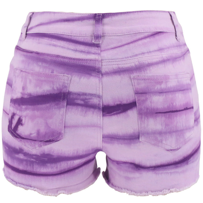 Spring  Light Purple Dyed Street Hipster Washed Mid-Waist Women Short Jeans