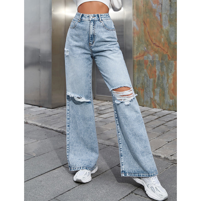 Casual Women Clothing Holes High Waist Wide Leg Pants Casual Denim Trousers Tide