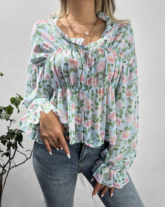 Autumn Winter Wooden Ear Printed Chiffon Shirt Bell Sleeve Floral Top