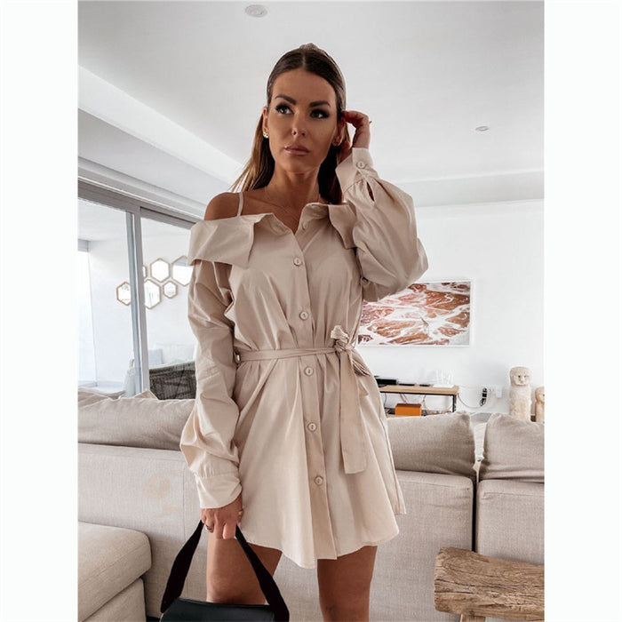 autumn New Step-in  Solid Color Strap Button Shirt Dress