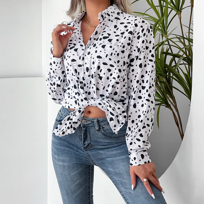 Women Clothing Collared Print Shirt Long Sleeve Leopard  Casual Print