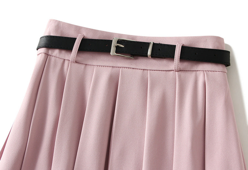 High End Pink Skirt for Women Mid Length Skirt High Waist Slimming Elegant Pleated A line Skirt