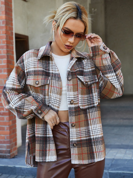 Autumn Winter Cardigan Casual Retro Plaid Collared Woolen Coat Women