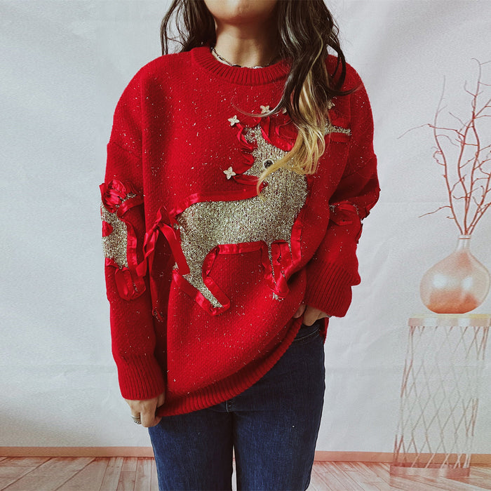 Autumn Winter Christmas Sweater Ribbon Gold Thread Jacquard Deer Round Neck Thickened Knitted Pullover