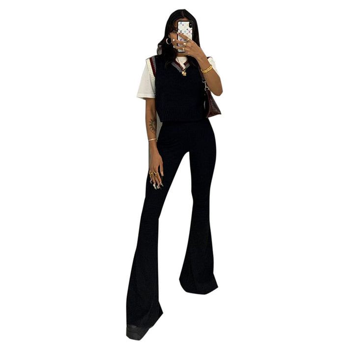 Spring New Casual Solid Color High Waist Slim Fit Big Flared Trousers Women Clothing