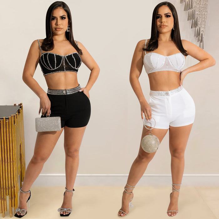 Strap Zipper Chest Wrap Vest Shorts Two Piece Set